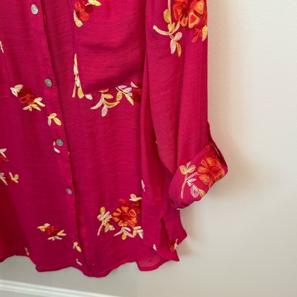 Fig & Flower Embroidered Floral Button Up Tunic Boho Roll Tab Pink Semi Sheer L - Picture 4 of 8